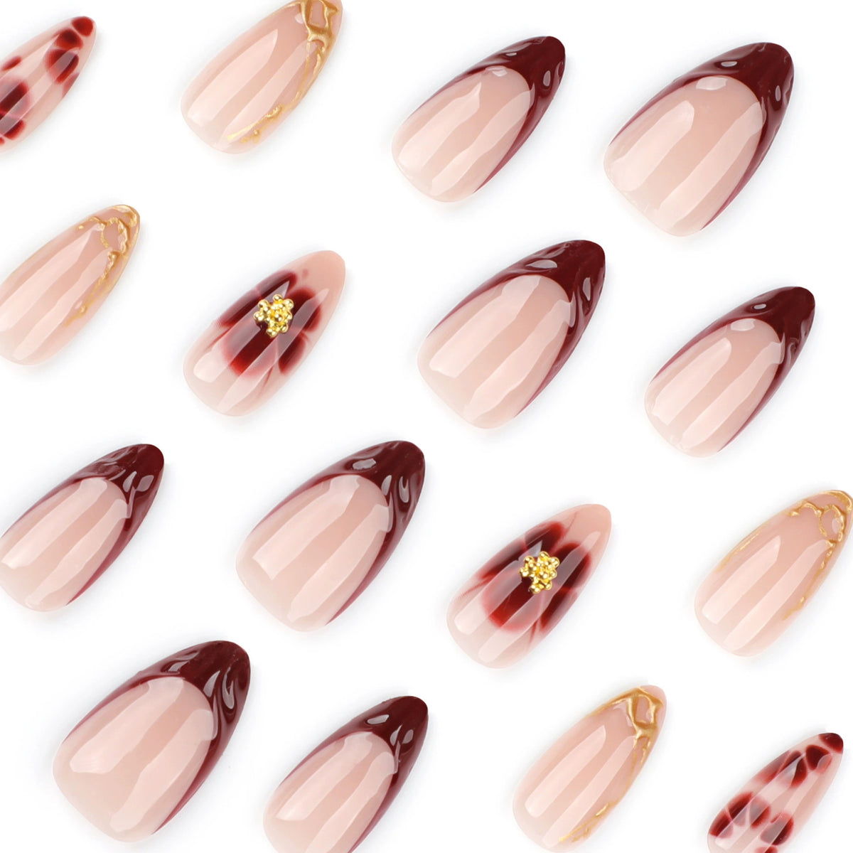 Burgundy 3D Flower Medium-Long Almond Press-On Nails, 24 Pcs + Glue