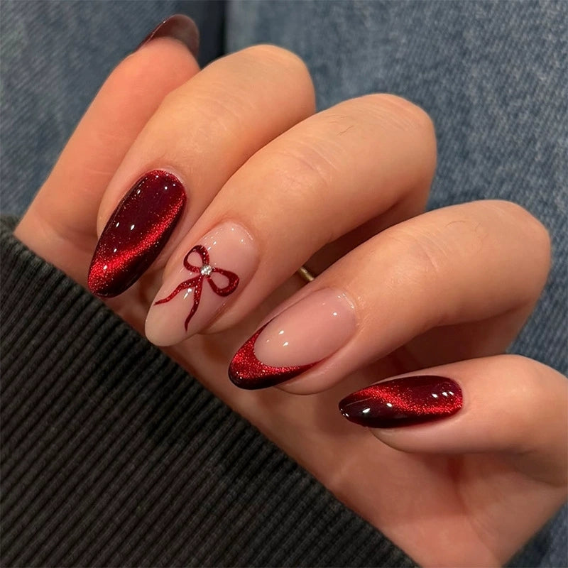 Red Cat Eye Press-On Nails – Short Almond French Tip Bow Design, 24PCS