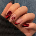 Red Cat Eye Press-On Nails – Short Almond French Tip Bow Design, 24PCS
