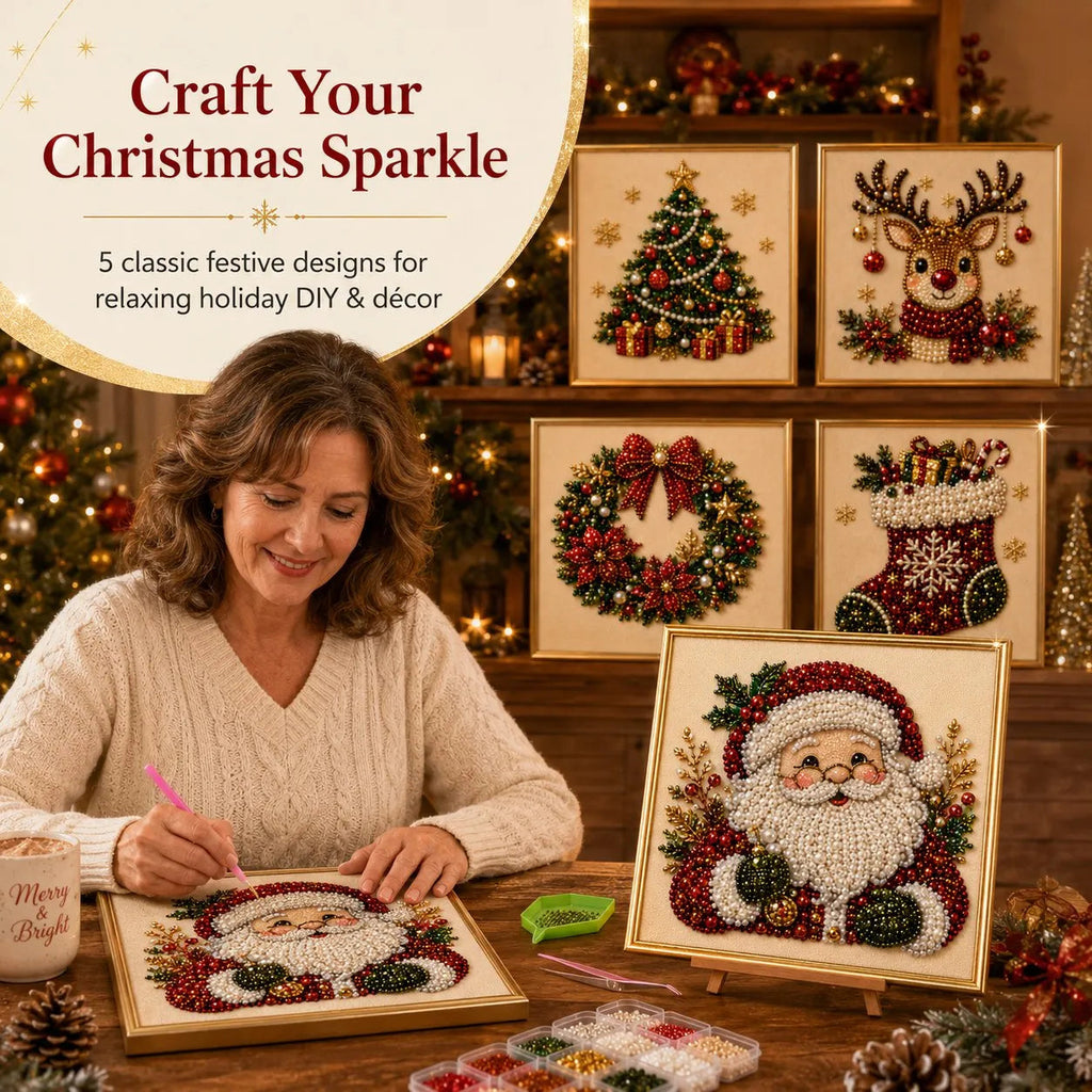 Woman making a DIY Christmas pearl art kit with framed Santa, tree, reindeer, wreath and stocking designs