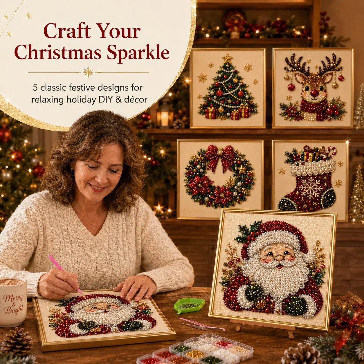 Woman making a DIY Christmas pearl art kit with framed Santa, tree, reindeer, wreath and stocking designs