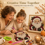 Family making a DIY Christmas pearl art kit with framed Santa design