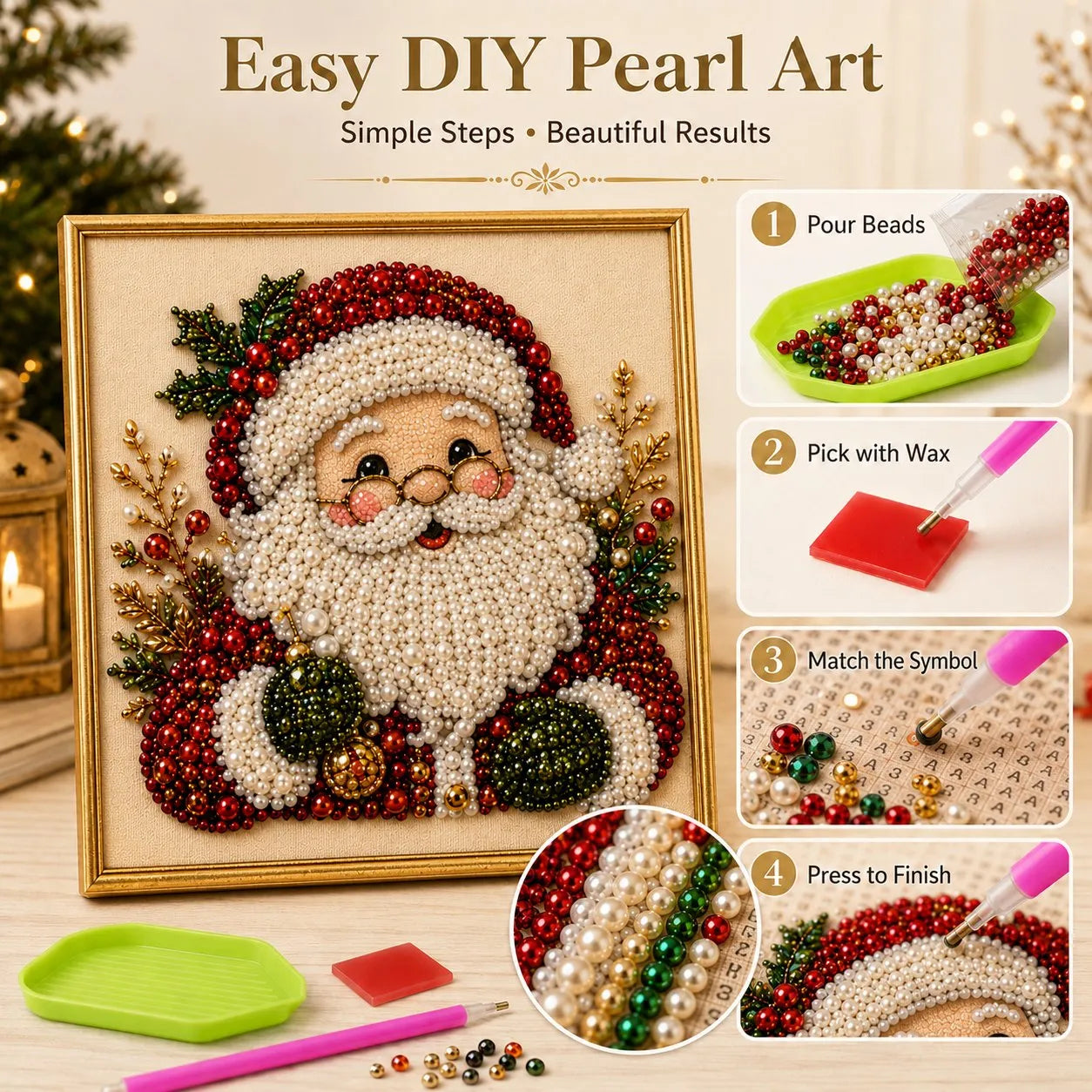 DIY Christmas pearl art kit with step-by-step bead placement instructions and framed Santa design