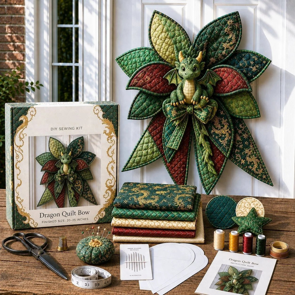 Green dragon quilted door bow displayed with sewing materials