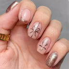 Christmas Short Square Press On Nails – Gold Bow & Reindeer Design