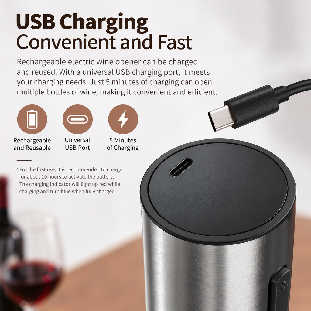 Rechargeable Electric Wine Opener Set with Foil Cutter, Pourer & Stopper