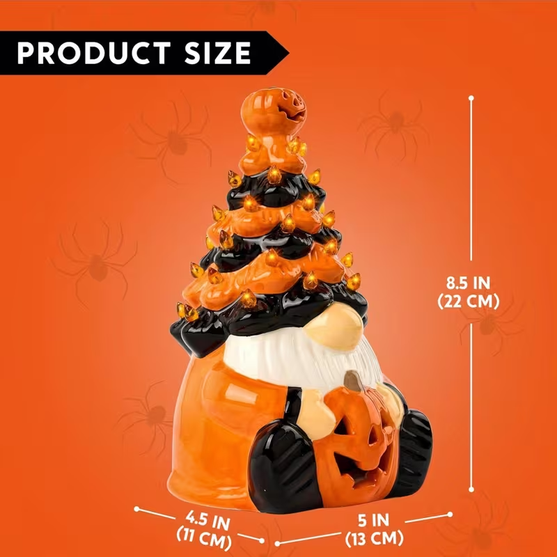 Lighted Halloween Resin Tree, Pumpkin Gnome Tabletop Decor