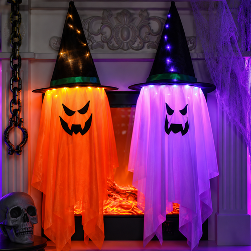 2-Pack Light Up Hanging Ghost Decorations with Witch Hats for Porch & Yard
