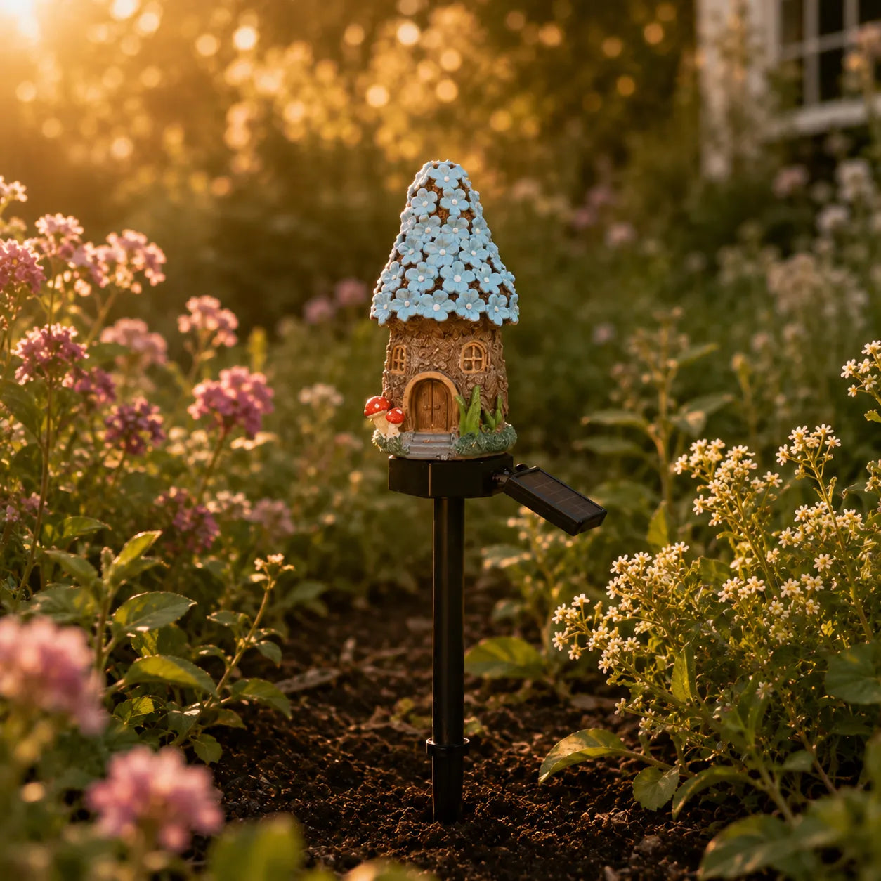 Solar Fairy Cottage Garden Stake Light with Warm LED & Hand-Sculpted Resin