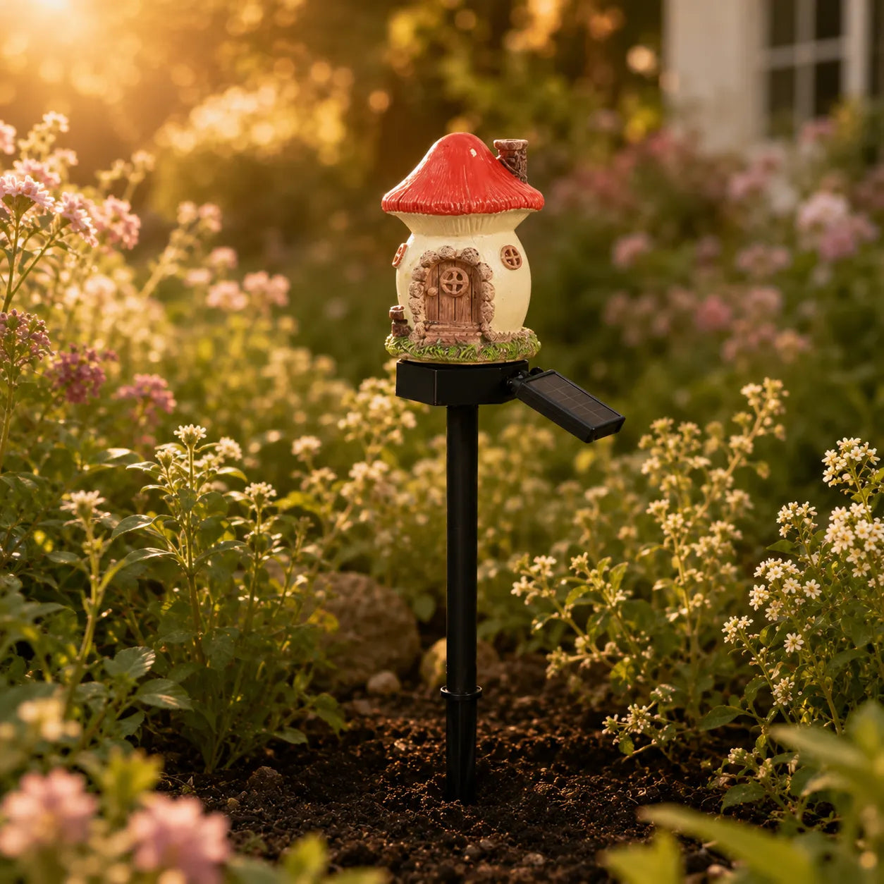 Solar Fairy Cottage Garden Stake Light with Warm LED & Hand-Sculpted Resin