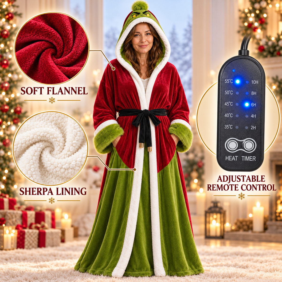 Heated Hooded Bathrobe with Remote Control & Sherpa Lining