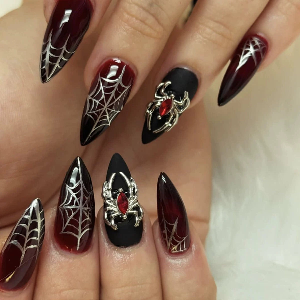 Halloween Black-and-Red Spiderweb Medium Almond Press-On Nails, 24-Pc