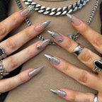 Silver 3D French Long Teardrop Press-On Nails, 24 Pcs + Glue