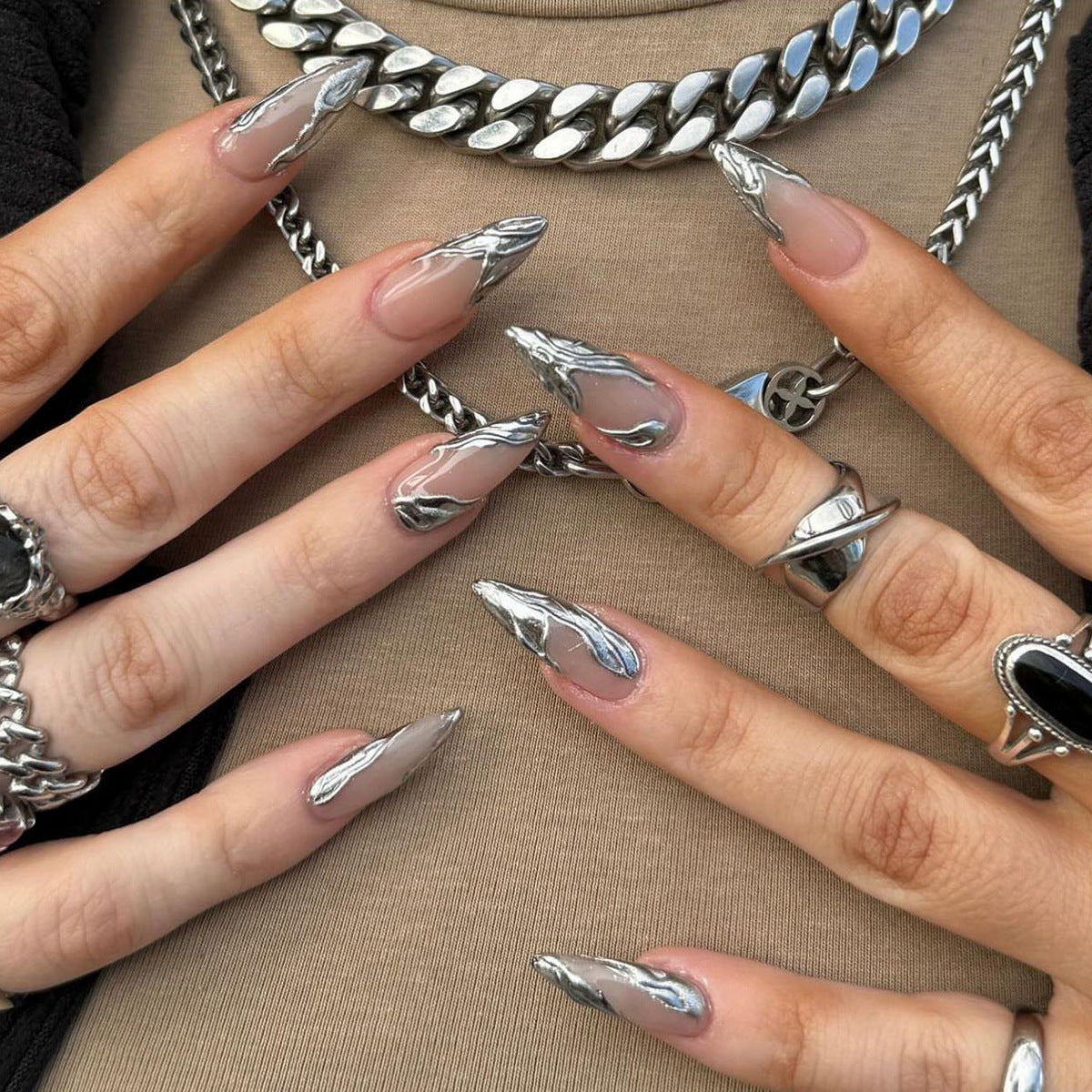 Silver 3D French Long Teardrop Press-On Nails, 24 Pcs + Glue