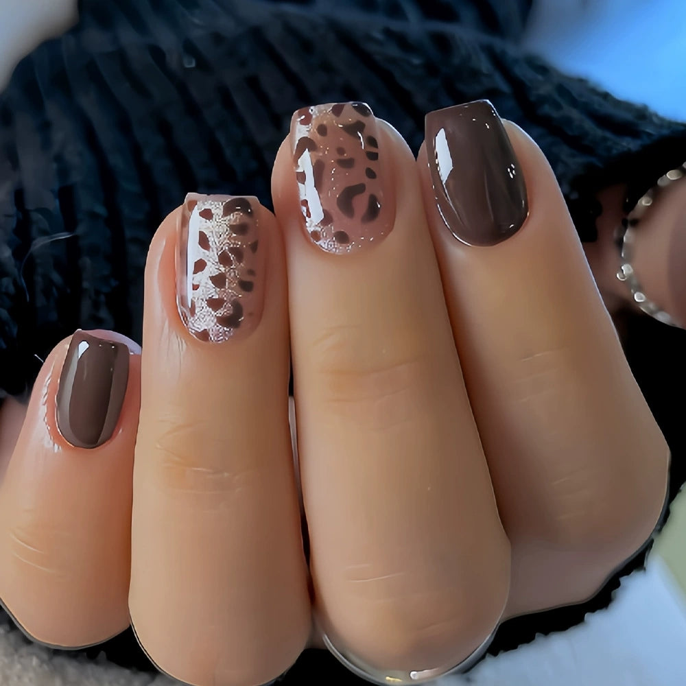 24-Piece Brown Leopard Glitter Medium Square Press-On Nails