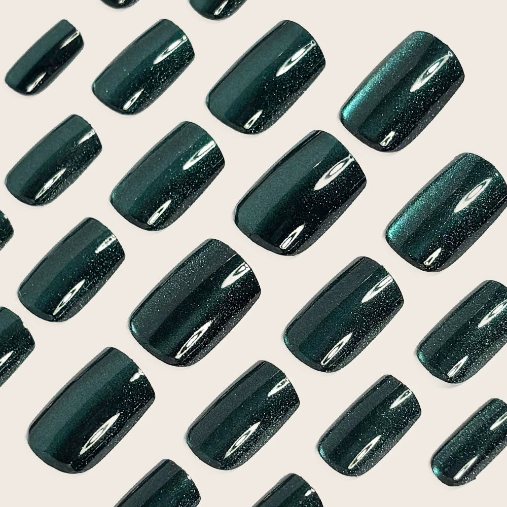 Dark Green Cat Eye Press On Nails – Short Square Glossy Design