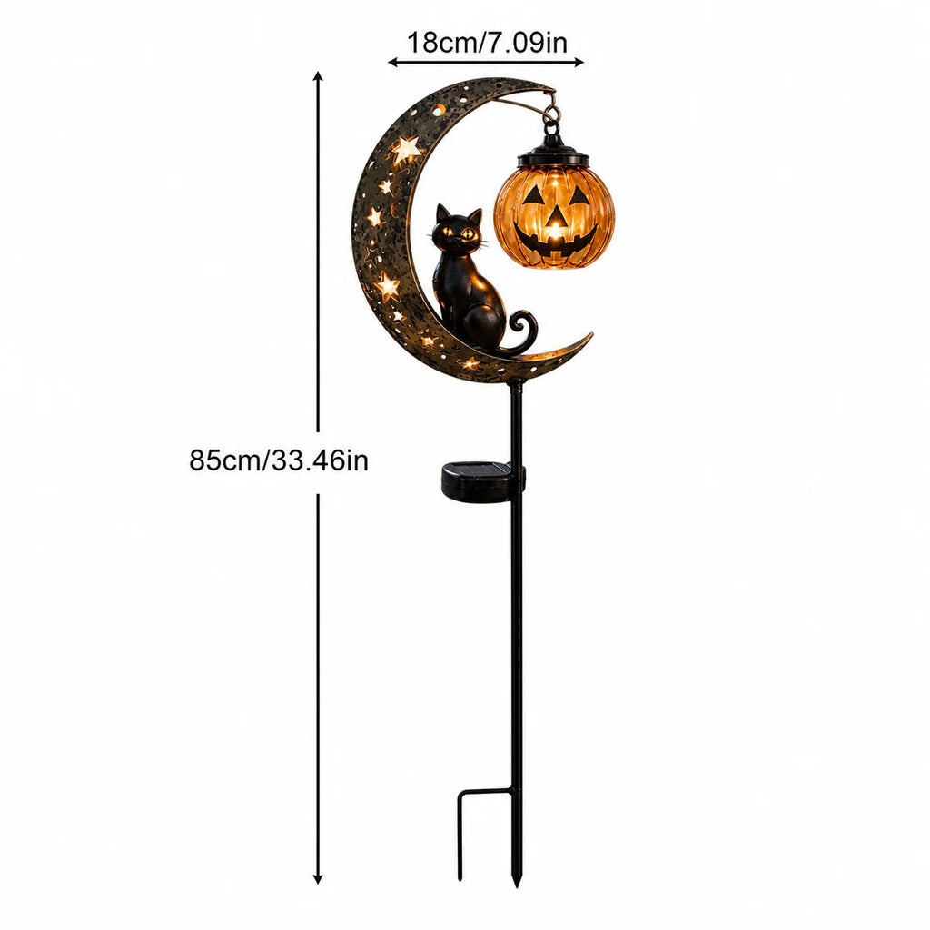 Solar Pumpkin Moon Garden Stake Light with Black Cat Halloween Decor