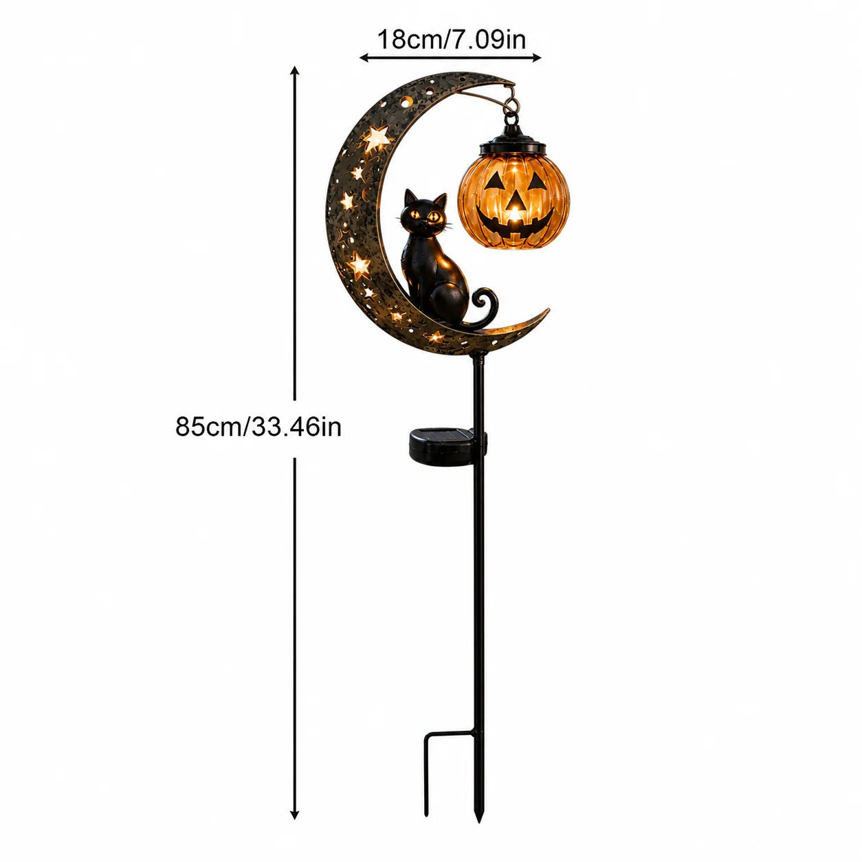 Solar Pumpkin Moon Garden Stake Light with Black Cat Halloween Decor