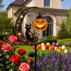 Solar Pumpkin Moon Garden Stake Light with Black Cat Halloween Decor