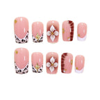 Cow Print French Short Square Press On Nails with 3D Flower | 24 Count