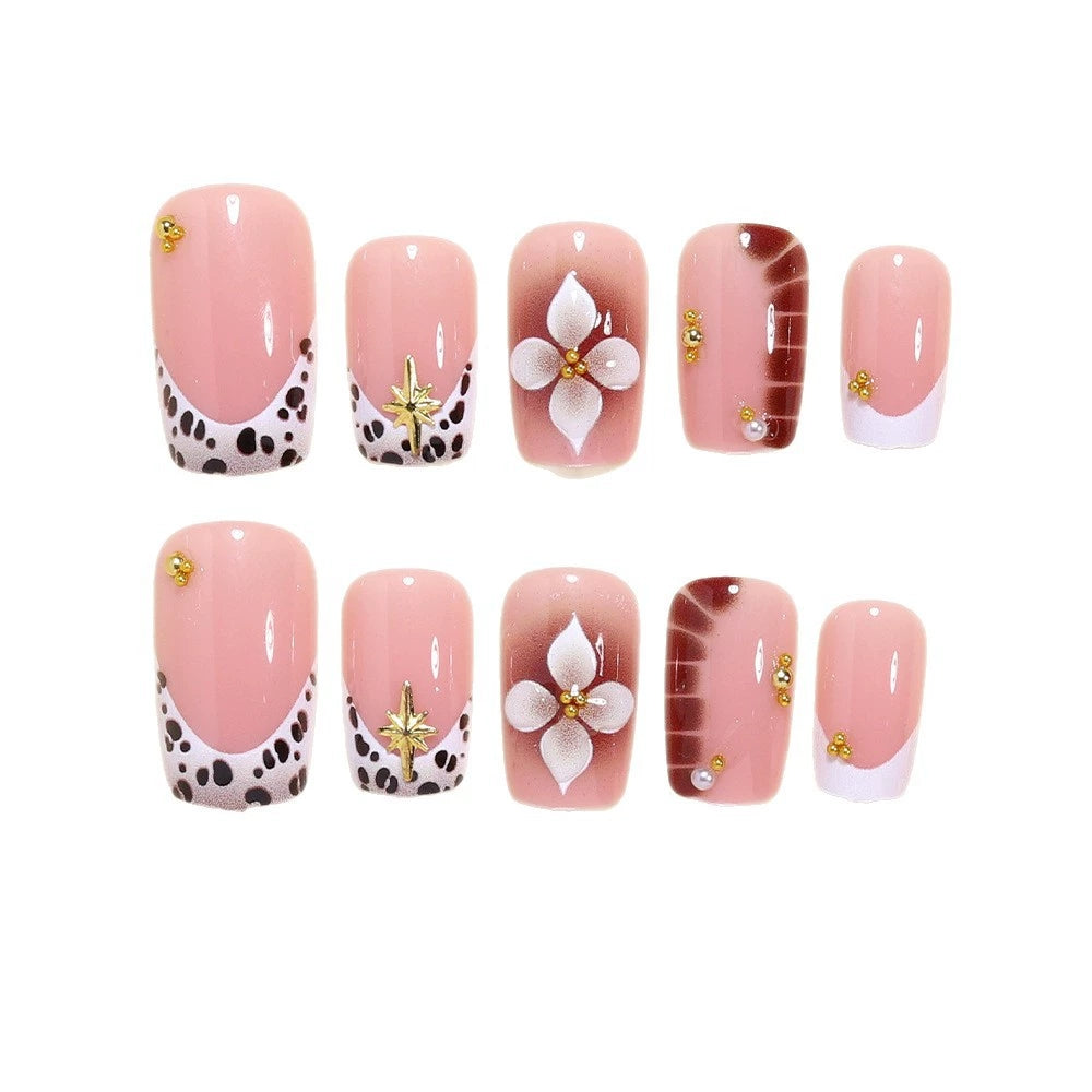 Cow Print French Short Square Press On Nails with 3D Flower | 24 Count