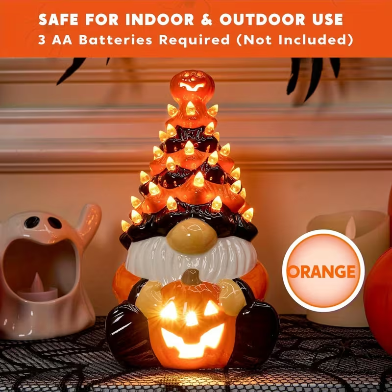 Lighted Halloween Resin Tree, Pumpkin Gnome Tabletop Decor