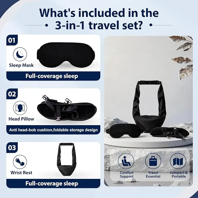 3-in-1 Airplane Sleep Support Set – Travel Pillow, Blackout Eye Mask & Body Support Sling