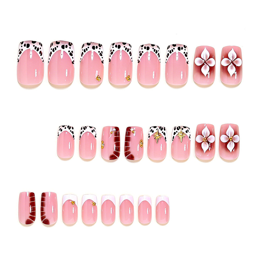 Cow Print French Short Square Press On Nails with 3D Flower | 24 Count