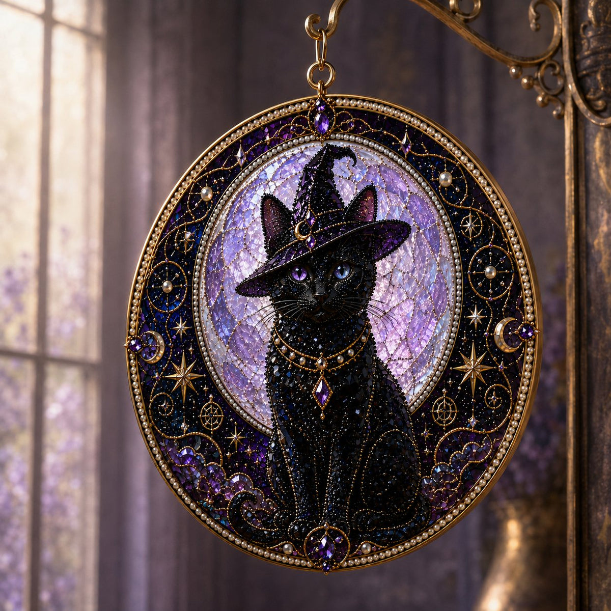 3D Pearl Celestial Black Cat Window Hanging Kit