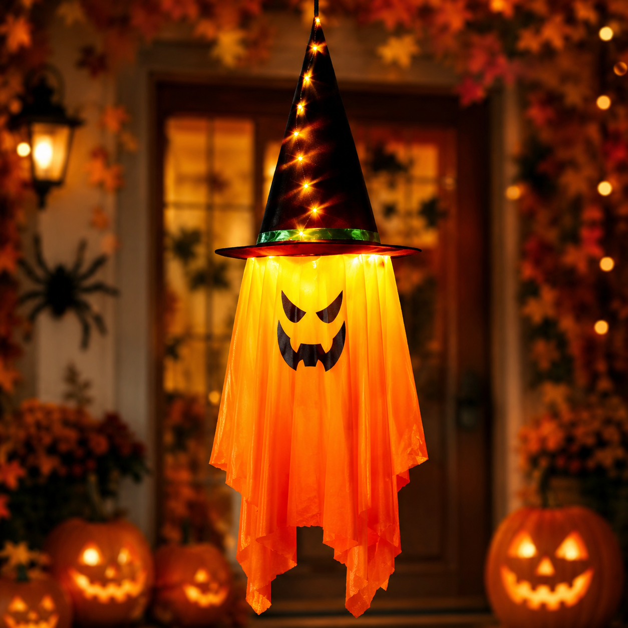 2-Pack Light Up Hanging Ghost Decorations with Witch Hats for Porch & Yard