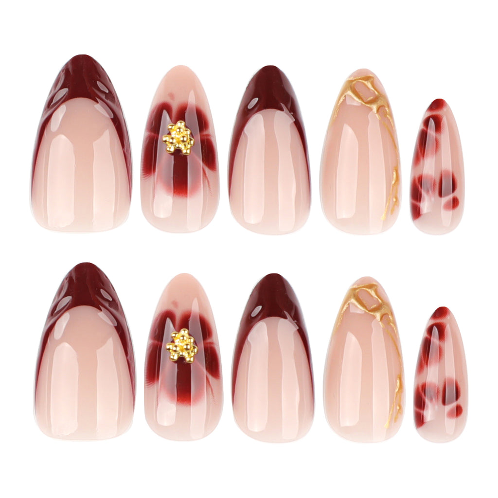 Burgundy 3D Flower Medium-Long Almond Press-On Nails, 24 Pcs + Glue