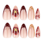 Burgundy 3D Flower Medium-Long Almond Press-On Nails, 24 Pcs + Glue