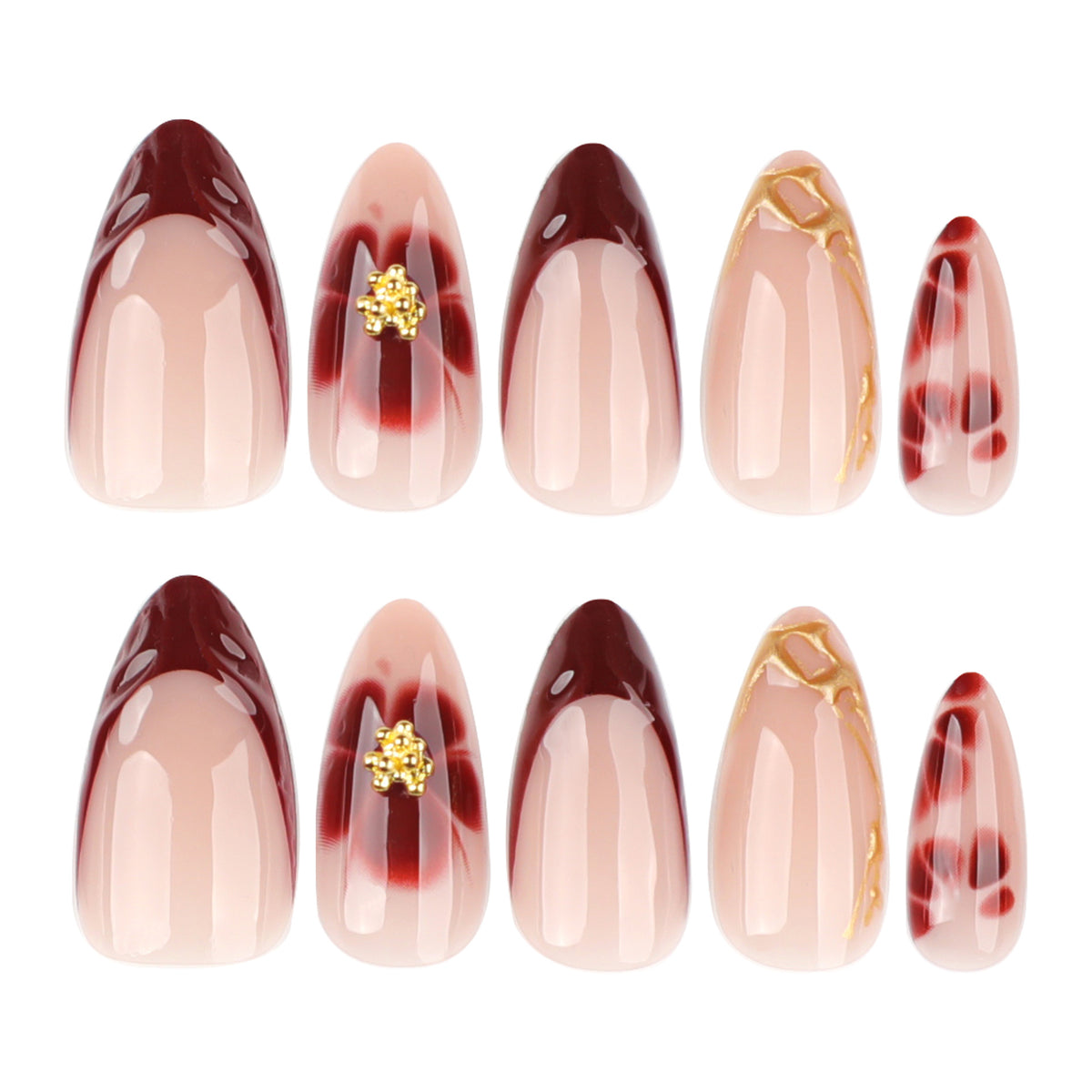 Burgundy 3D Flower Medium-Long Almond Press-On Nails, 24 Pcs + Glue