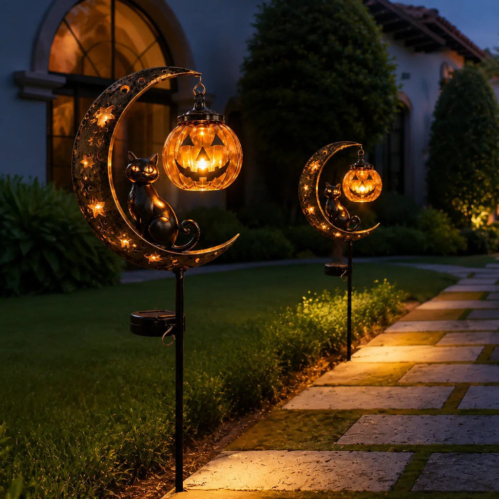 Solar Pumpkin Moon Garden Stake Light with Black Cat Halloween Decor