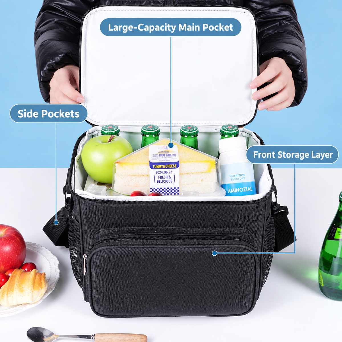 Insulated Lunch Cooler Bag with PEVA Lining & Shoulder Strap
