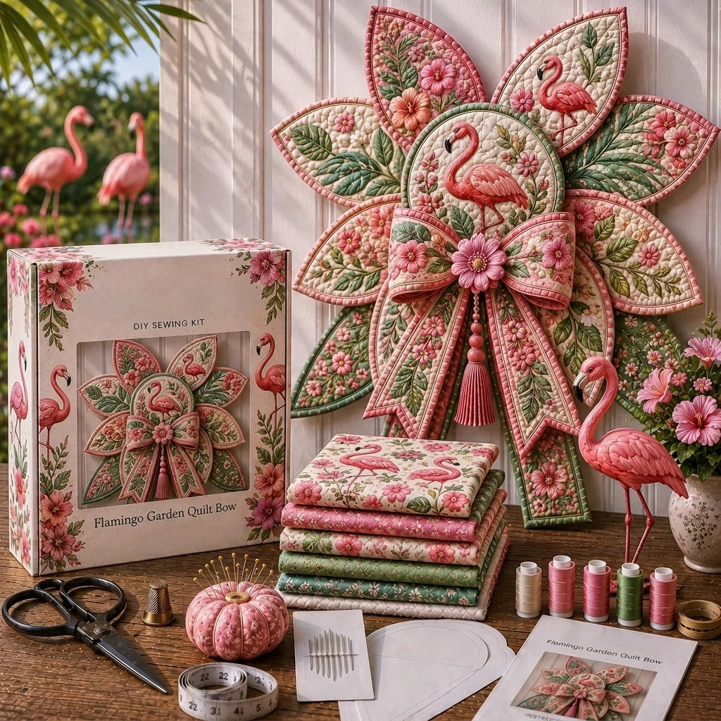 Pink flamingo garden quilt bow displayed with sewing materials