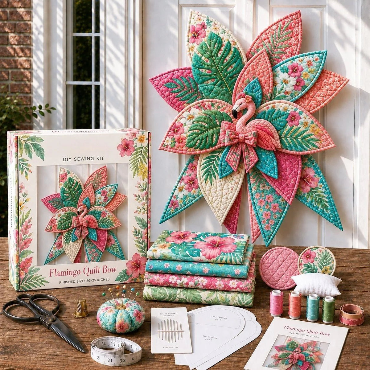 Pink flamingo quilted door bow displayed with sewing materials