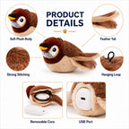 Close-up guide to the plush bird toy features and removable core