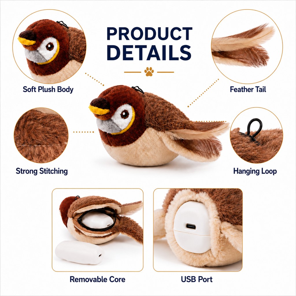 Close-up guide to the plush bird toy features and removable core