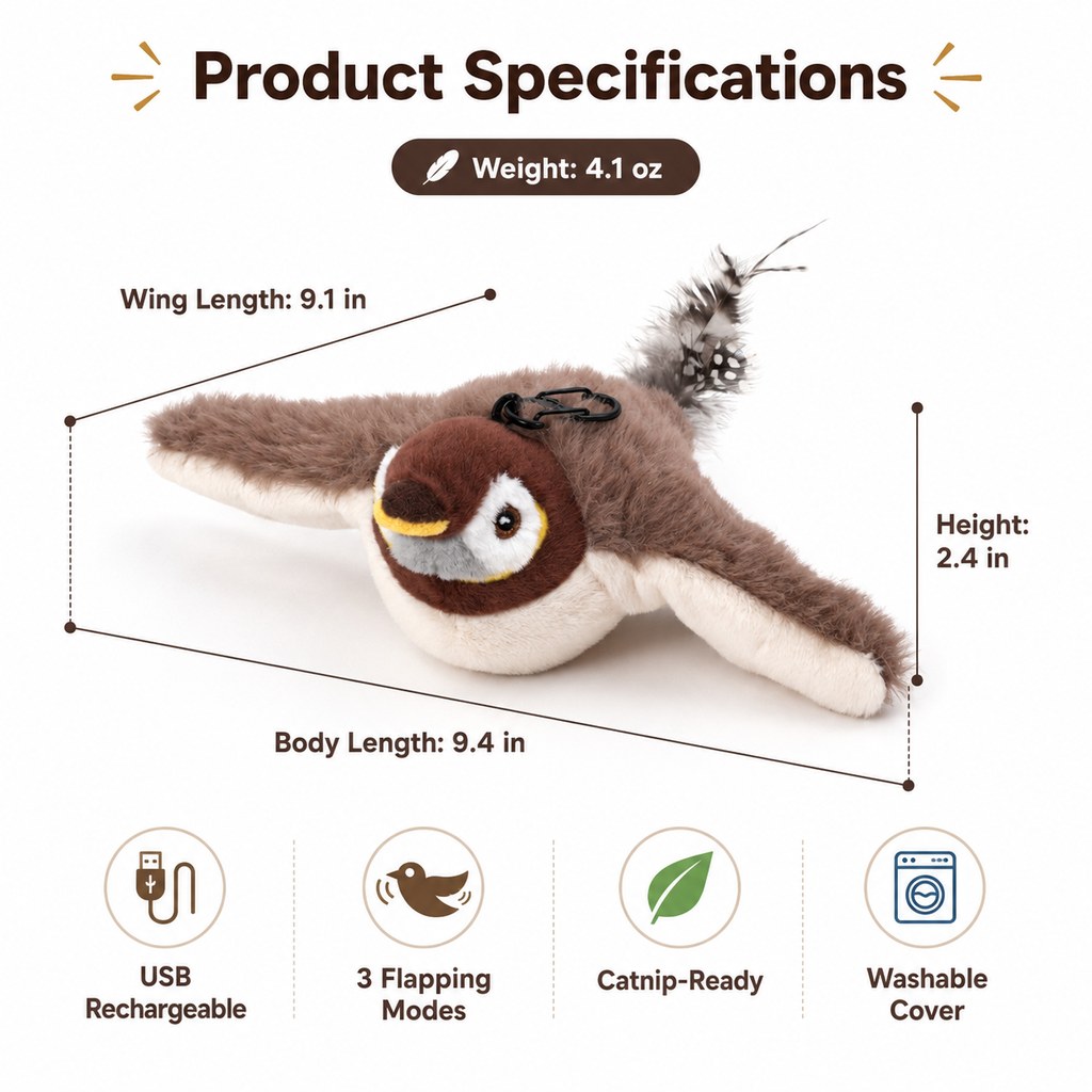 Flapping bird cat toy dimensions and feature overview