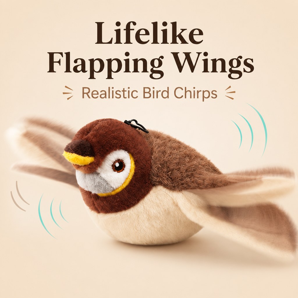 Plush bird toy demonstrating flapping wings and chirping play