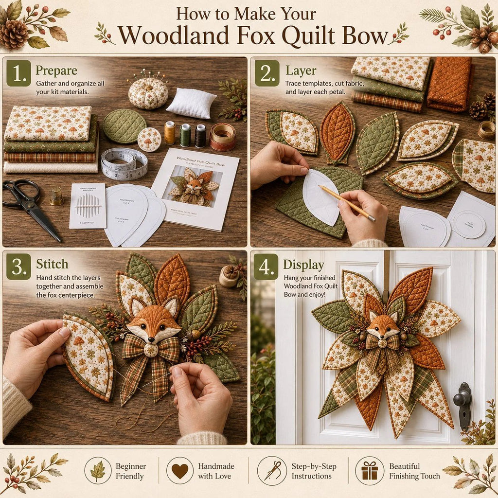 Four illustrated steps for making the woodland fox quilt bow