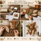 Four illustrated steps for making the woodland fox quilt bow