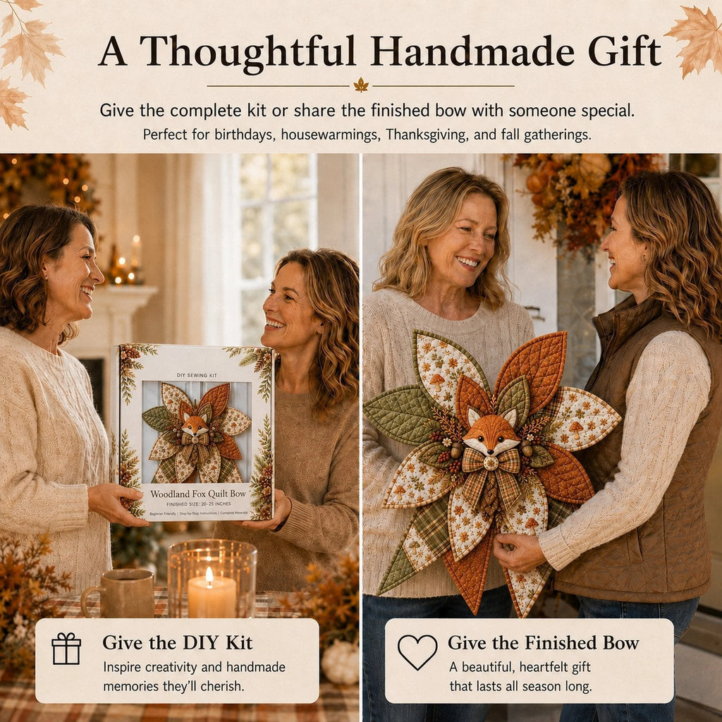 Women exchanging a handmade fox quilt bow as a gift