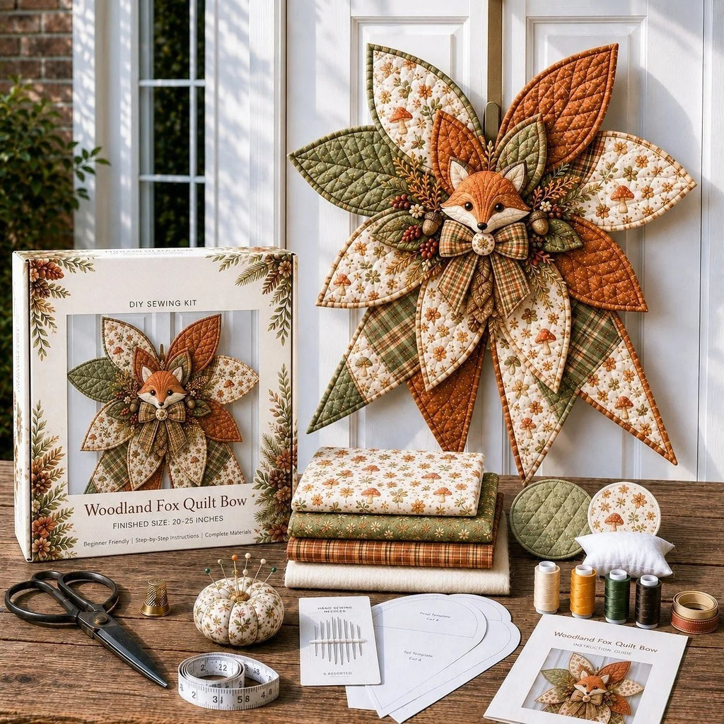 Woodland fox quilted door bow displayed with sewing materials