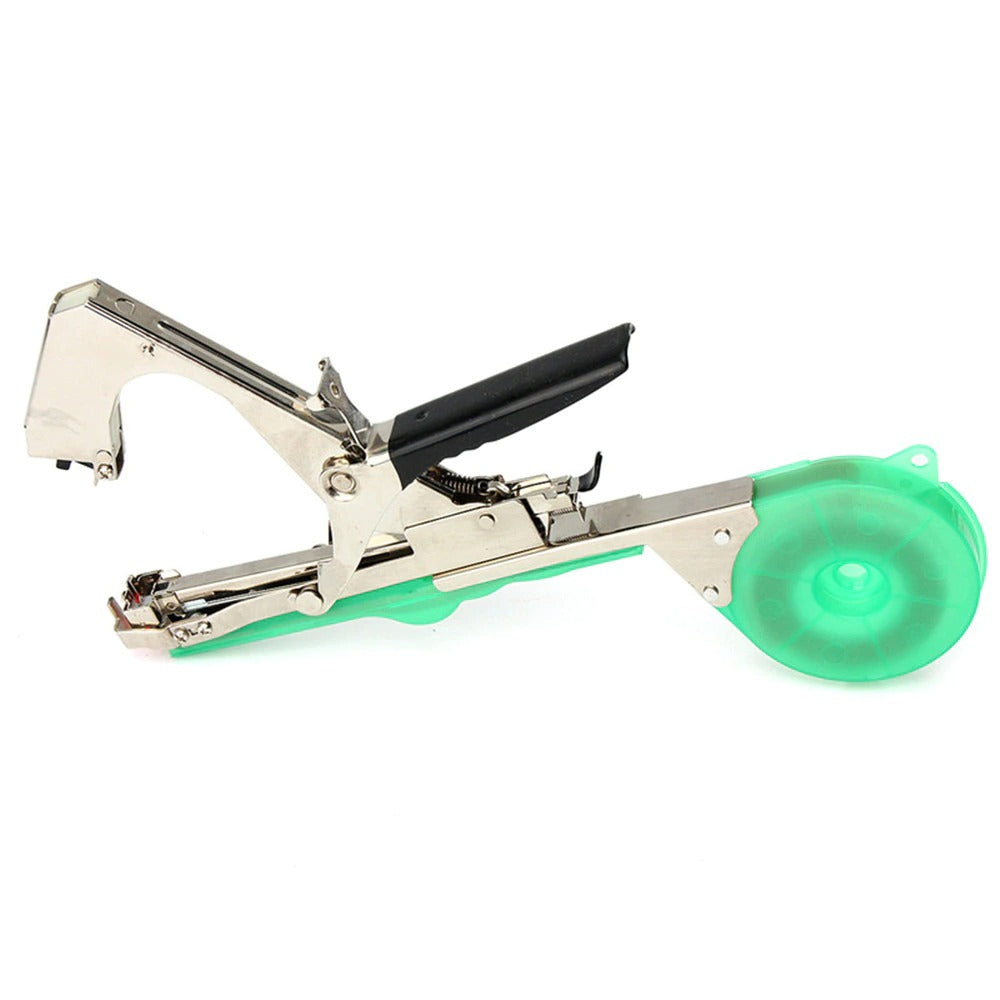 Garden tapener tool for plant tying with green tape holder and metal body