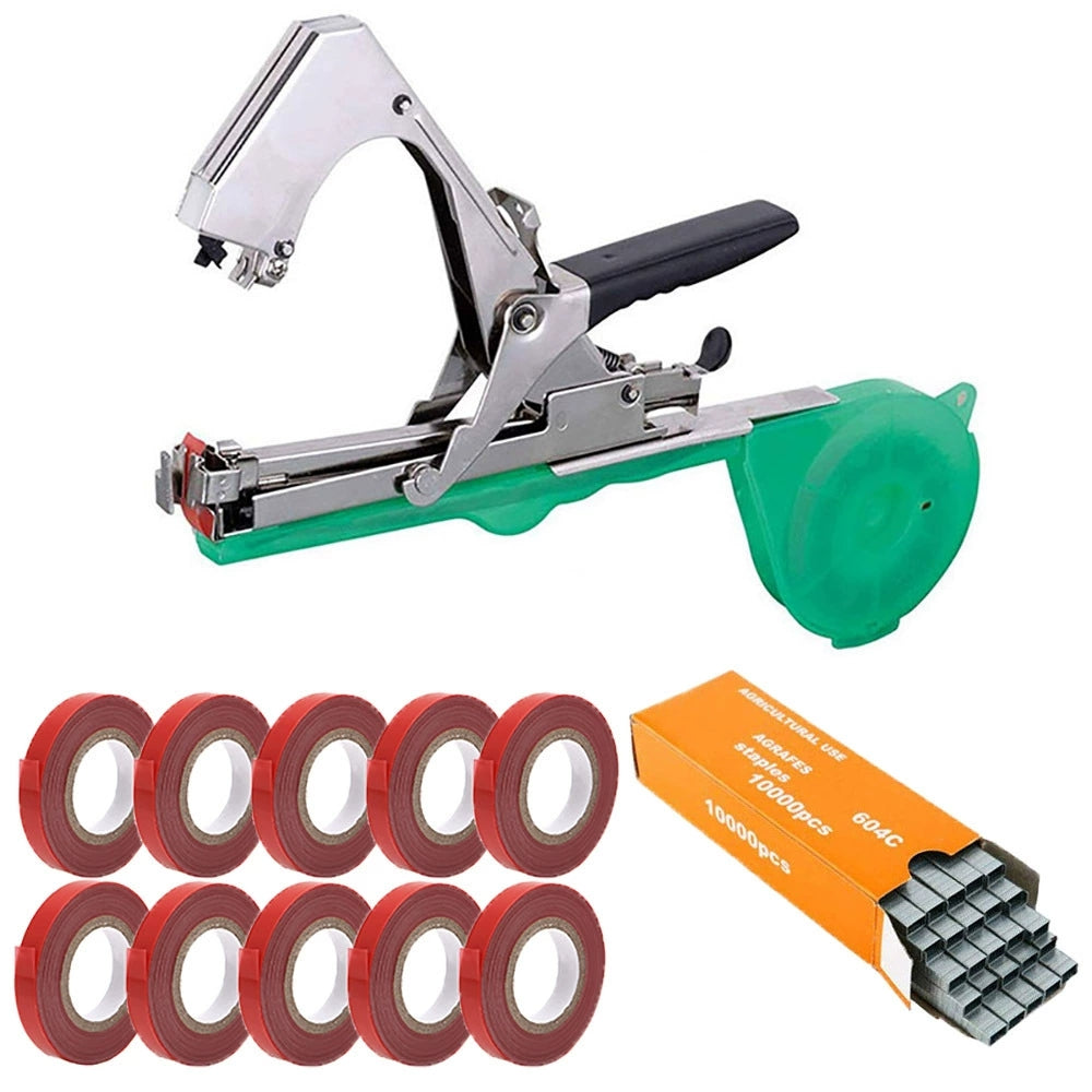 Garden tapener tool kit with plant tying machine, tape rolls, and staples
