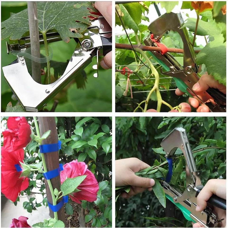 Garden tapener tool used for tying tomato plants vines and garden branches with plant tape