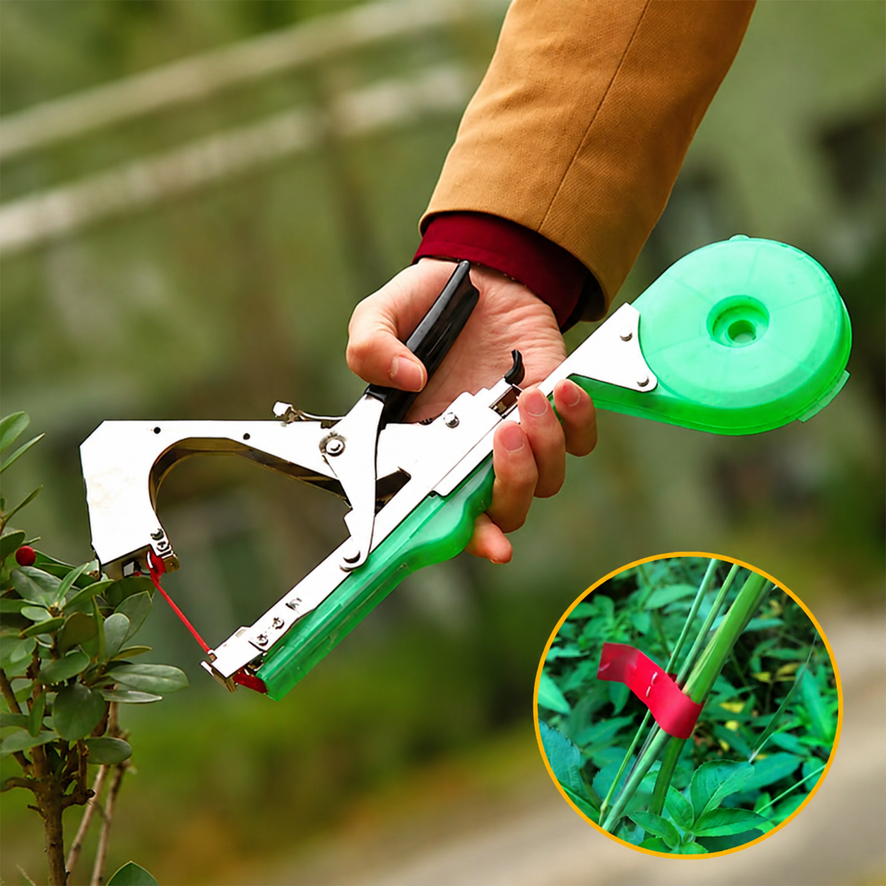Garden tapener tool used for tying tomato vines and garden plants with tape