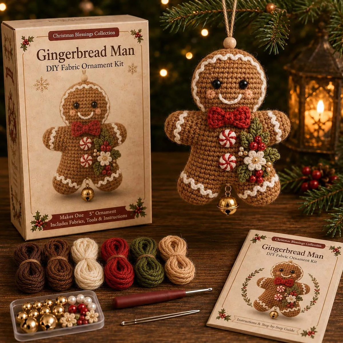 Gingerbread character ornament shown with its DIY kit materials